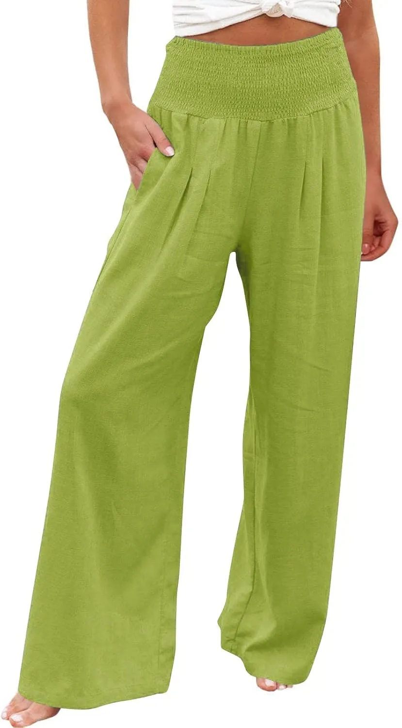 White Linen Pants Women Plus Size Women's Casual Cotton Linen Baggy Pants with Elastic Waist Relax Fit Lantern Trouser