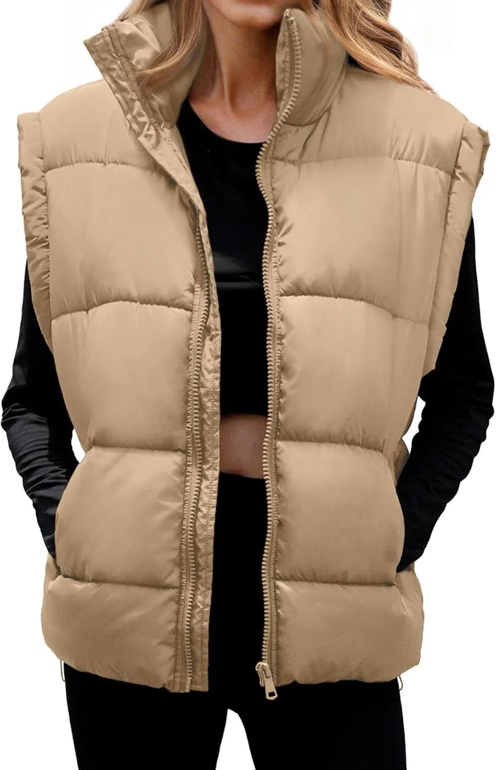 WHN Womens Oversized Puffer Vest Lightweight Winter Warm Stand Collar Padded Puffy Jackets Coats with Plush Pockets
