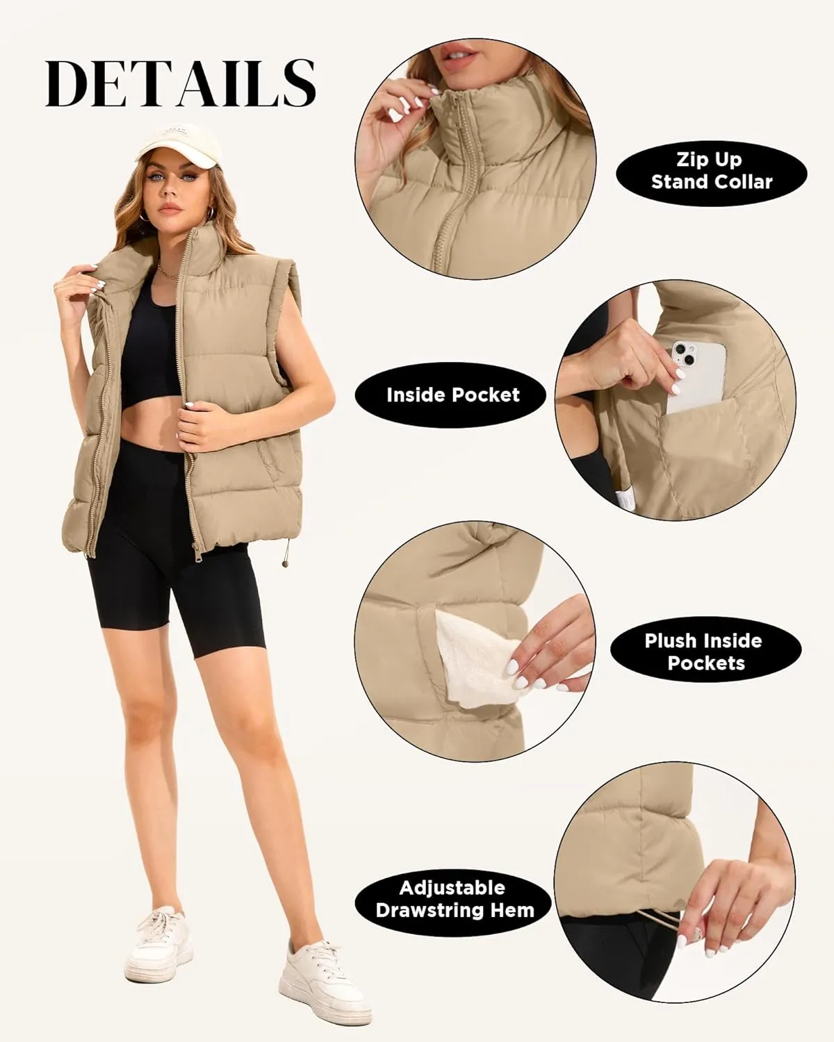 WHN Womens Oversized Puffer Vest Lightweight Winter Warm Stand Collar Padded Puffy Jackets Coats with Plush Pockets
