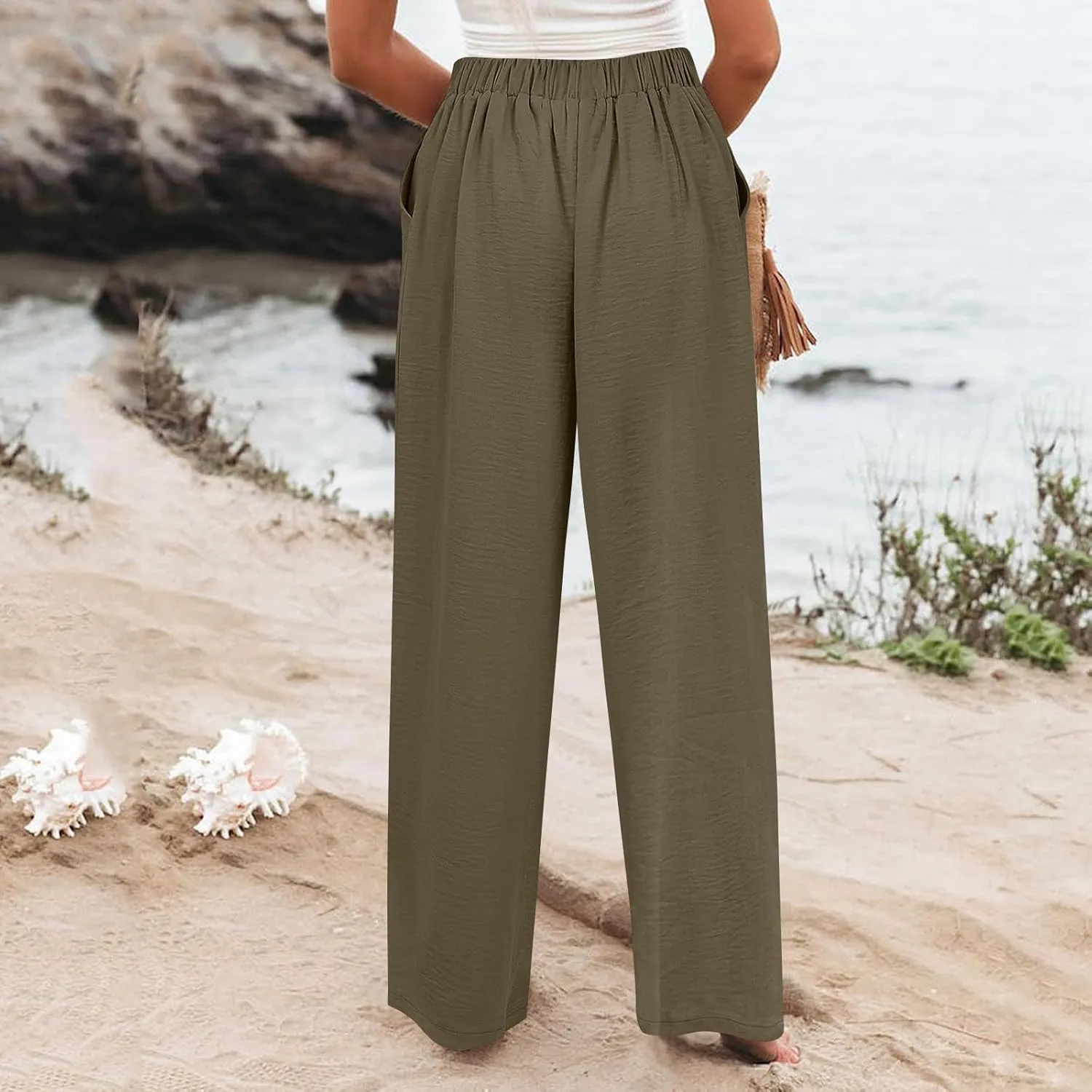 Wide Leg Dress Pants Women Business Casual High Waisted Pants Office Button Down Pleated Work Trousers with Pockets