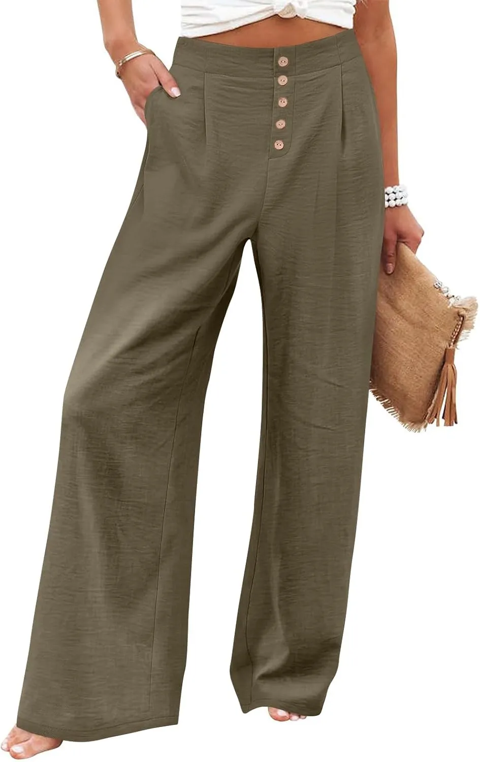 Wide Leg Dress Pants Women Business Casual High Waisted Pants Office Button Down Pleated Work Trousers with Pockets