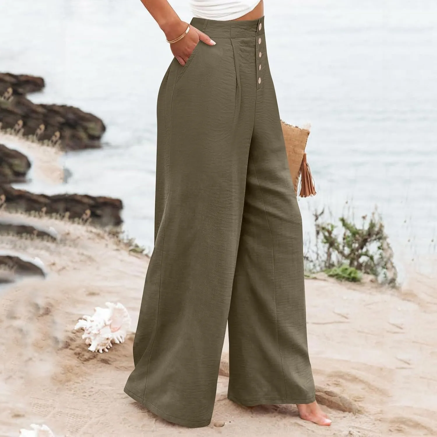 Wide Leg Dress Pants Women Business Casual High Waisted Pants Office Button Down Pleated Work Trousers with Pockets