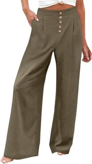 Wide Leg Dress Pants Women Business Casual High Waisted Pants Office Button Down Pleated Work Trousers with Pockets