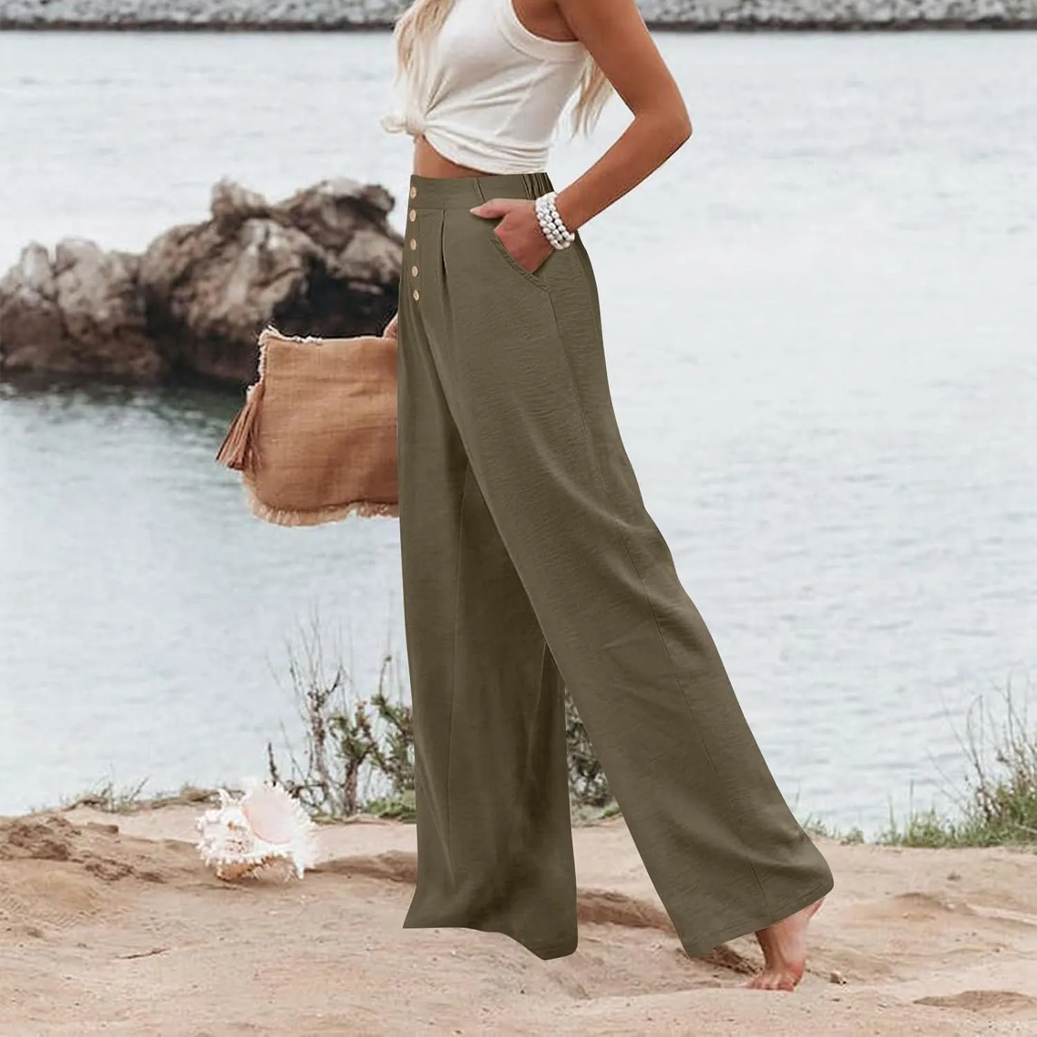 Wide Leg Dress Pants Women Business Casual High Waisted Pants Office Button Down Pleated Work Trousers with Pockets