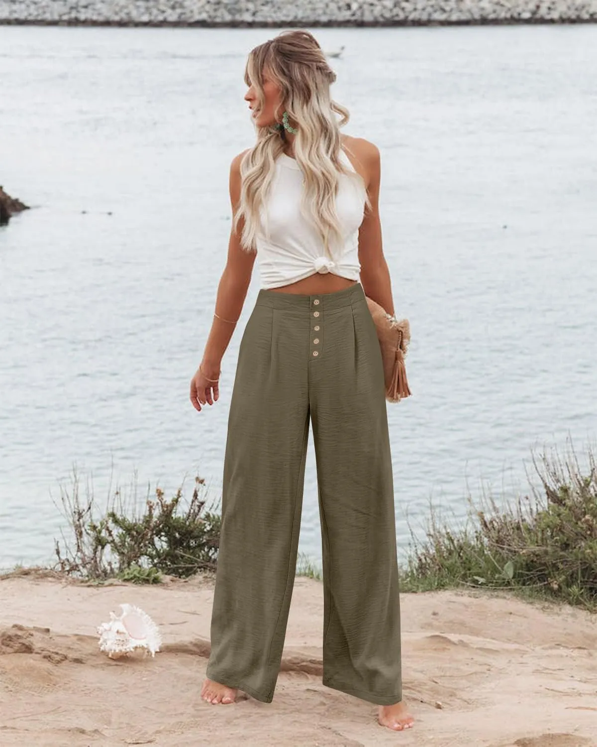 Wide Leg Dress Pants Women Business Casual High Waisted Pants Office Button Down Pleated Work Trousers with Pockets