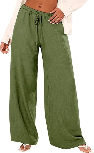 Wide Leg Linen Pants for Women Casual Drawstring High Waisted Palazzo Pants Lightweight Summer Flowy Beach Trousers