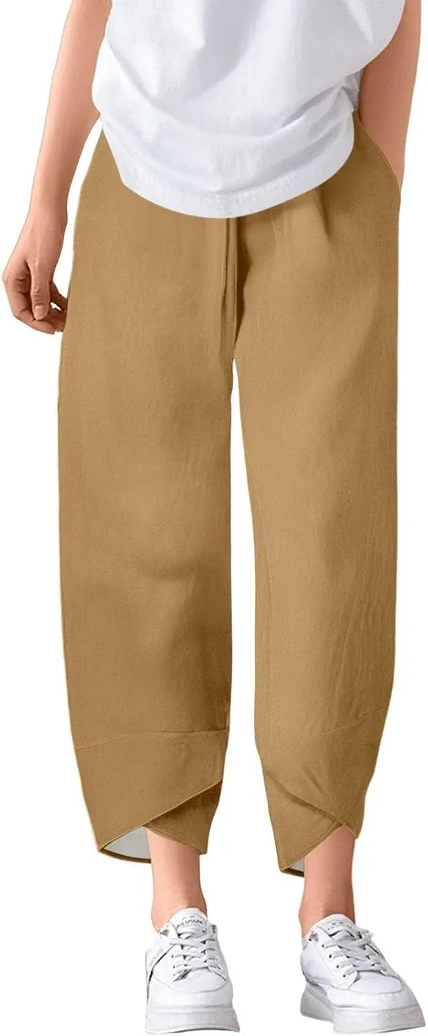Wide Leg Linen Pants for Women Cropped Summer Palazzo Pant Casual Ankle Length Trousers Beach Vacation Outfits