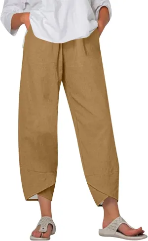 Wide Leg Linen Pants for Women Cropped Summer Palazzo Pant Casual Ankle Length Trousers Beach Vacation Outfits