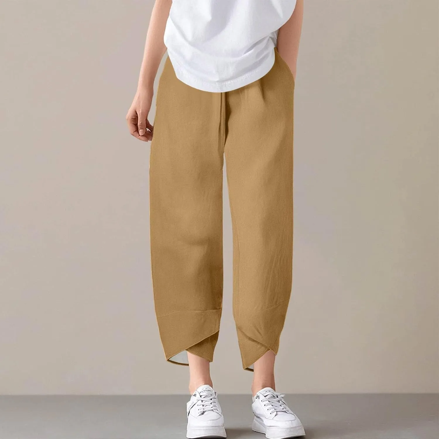 Wide Leg Linen Pants for Women Cropped Summer Palazzo Pant Casual Ankle Length Trousers Beach Vacation Outfits