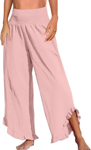 Wide Leg Linen Pants for Women Ruffle Smocked Elastic High Waist Casual Summer Palazzo Pants Flowy Boho Beach Trousers