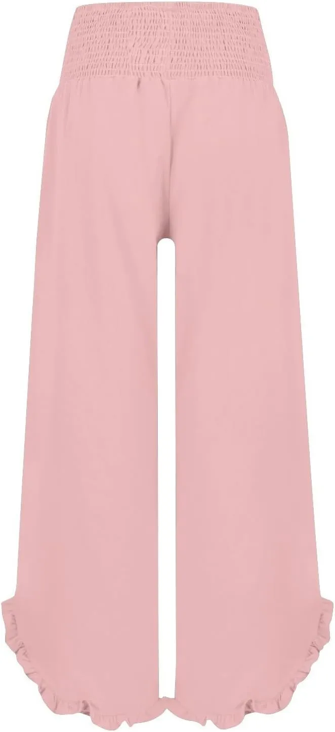 Wide Leg Linen Pants for Women Ruffle Smocked Elastic High Waist Casual Summer Palazzo Pants Flowy Boho Beach Trousers