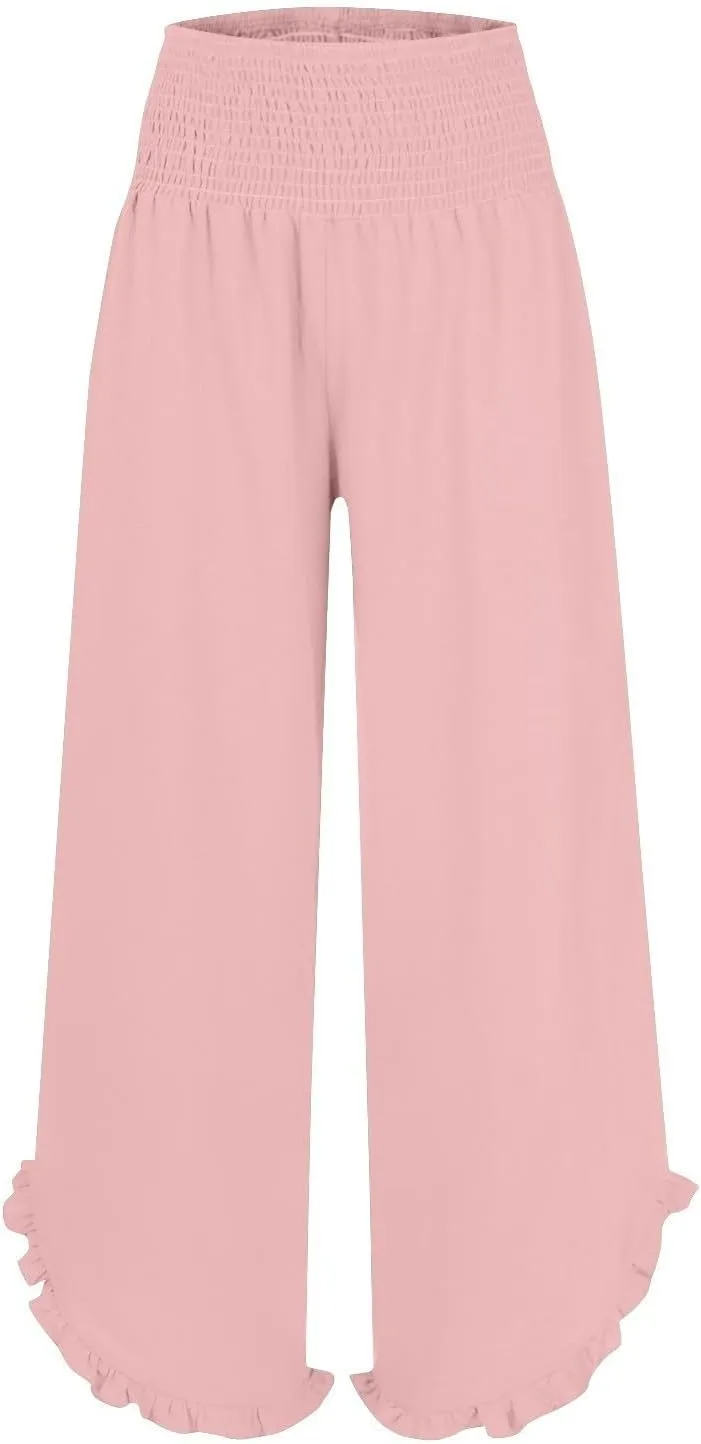 Wide Leg Linen Pants for Women Ruffle Smocked Elastic High Waist Casual Summer Palazzo Pants Flowy Boho Beach Trousers