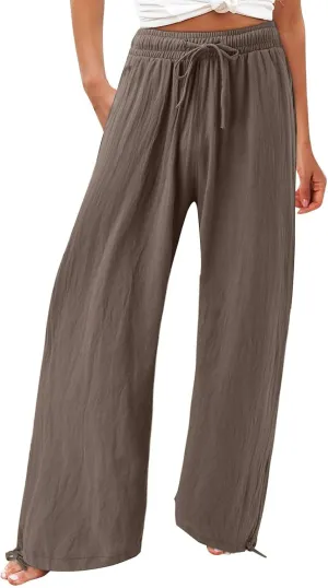 Wide Leg Linen Pants Women Casual Drawstring High Waisted Palazzo Pants Summer Lightweight Flowy Beach Pants with Pockets Loose Comfy Gauze Pants Cotton Linen Wide Leg Trousers Vacation Wear 2025