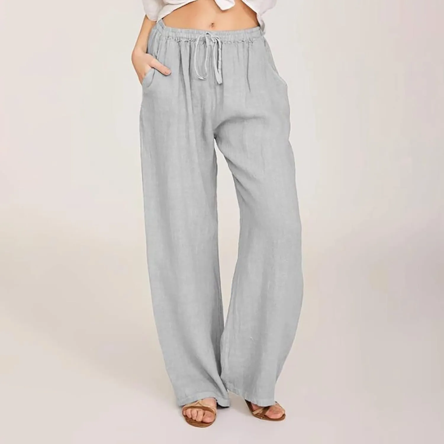 Wide Leg Linen Pants Women Summer Flowy Beach Pants Casual Drawstring High Waisted Palazzo Pants Plus Size Yoga Trousers
