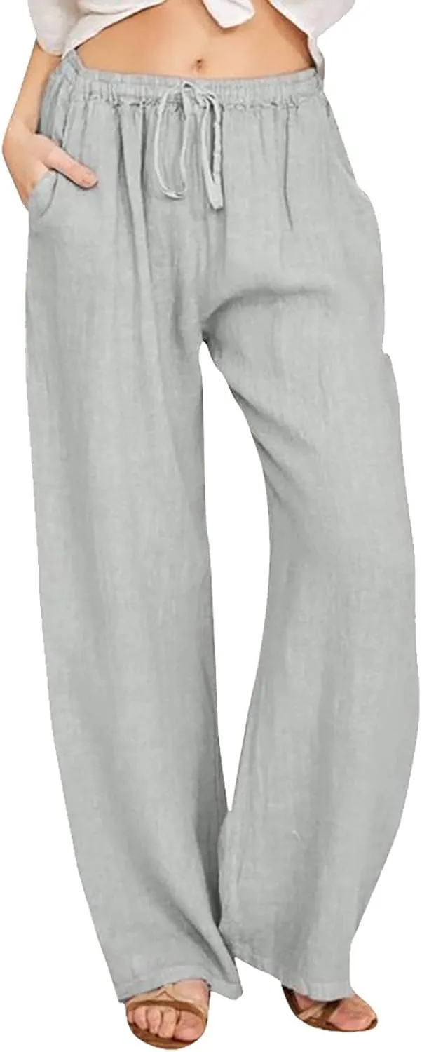 Wide Leg Linen Pants Women Summer Flowy Beach Pants Casual Drawstring High Waisted Palazzo Pants Plus Size Yoga Trousers