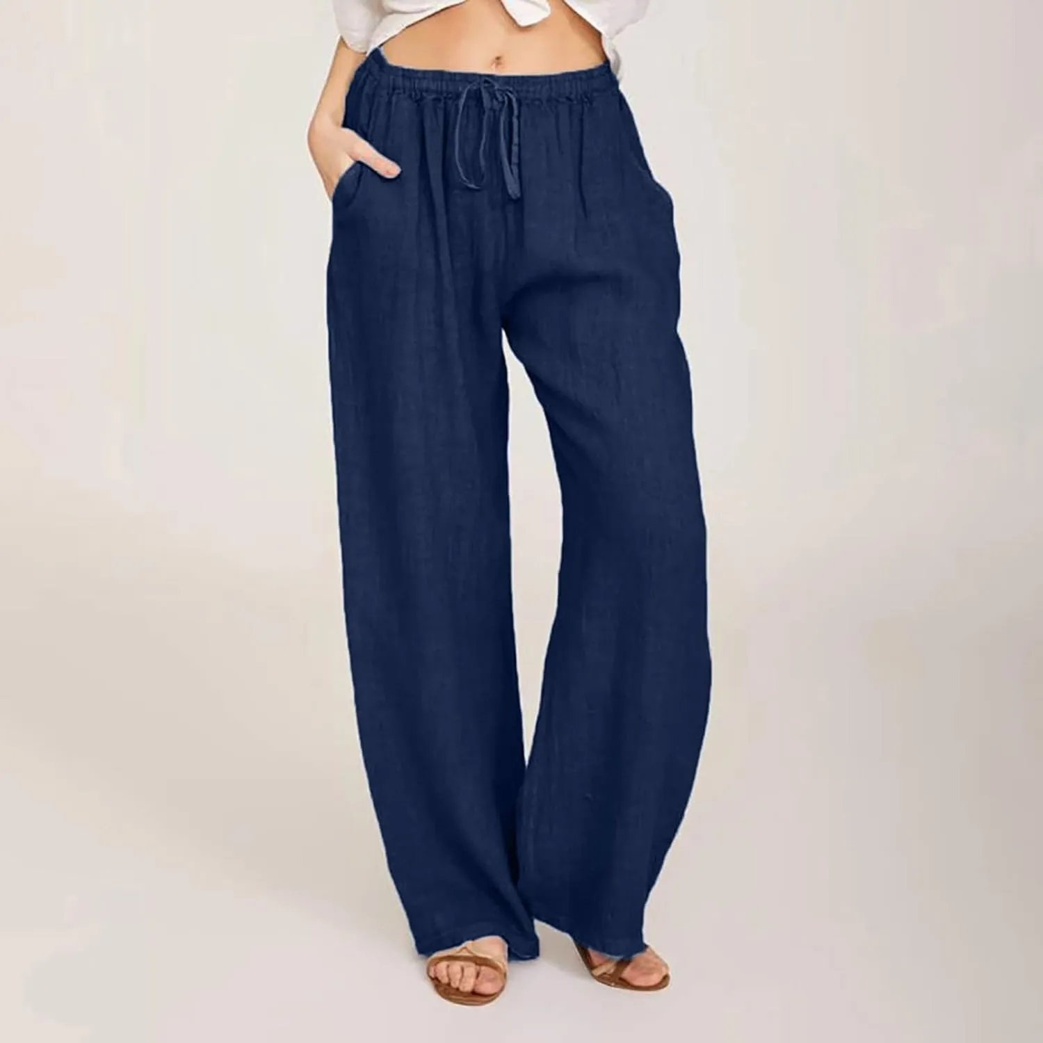 Wide Leg Linen Pants Women Summer Flowy Beach Pants Casual Drawstring High Waisted Palazzo Pants Plus Size Yoga Trousers