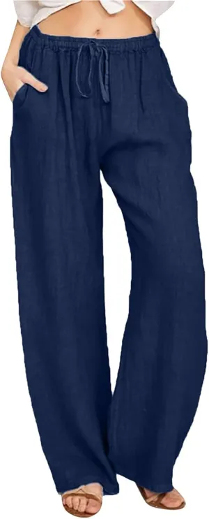 Wide Leg Linen Pants Women Summer Flowy Beach Pants Casual Drawstring High Waisted Palazzo Pants Plus Size Yoga Trousers