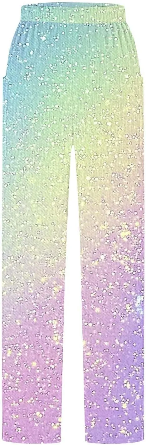 Wide Leg Pants for Women Vintage Sequin Glitter Print Straight Palazzo Dressy Casual High Waisted Lounge Trousers