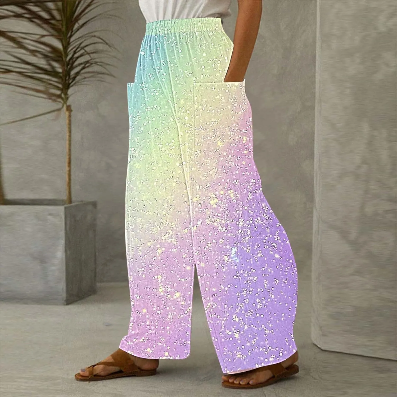 Wide Leg Pants for Women Vintage Sequin Glitter Print Straight Palazzo Dressy Casual High Waisted Lounge Trousers