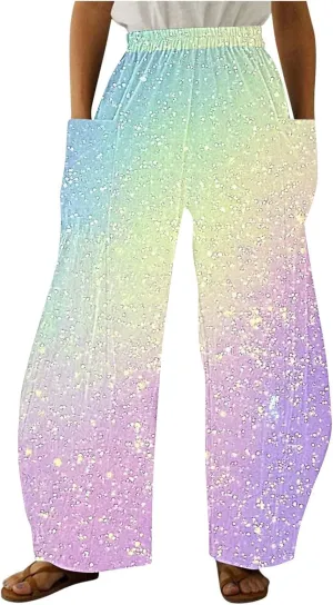 Wide Leg Pants for Women Vintage Sequin Glitter Print Straight Palazzo Dressy Casual High Waisted Lounge Trousers