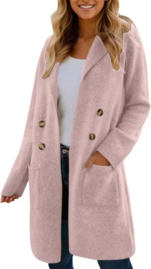 Winter Coats For Women Thick Long Sleeve Fall Trench Coat Lapel Open Front Button Long Cardigan Jacket With Pocket