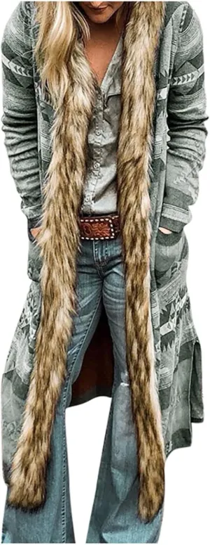 Winter Jackets for Women Long Coat Open Front Cardigan Jacket Vintage Coats Plus Size Outerwear Faux Fur Collar Jacket