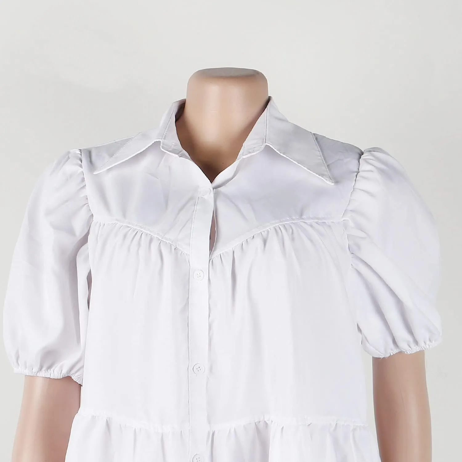 WOKANSE Women's Cute Babydoll Dresses 2024 Casual Loose Puff Sleeves Ruffle Hem Button Down Pleated Shirt Dress