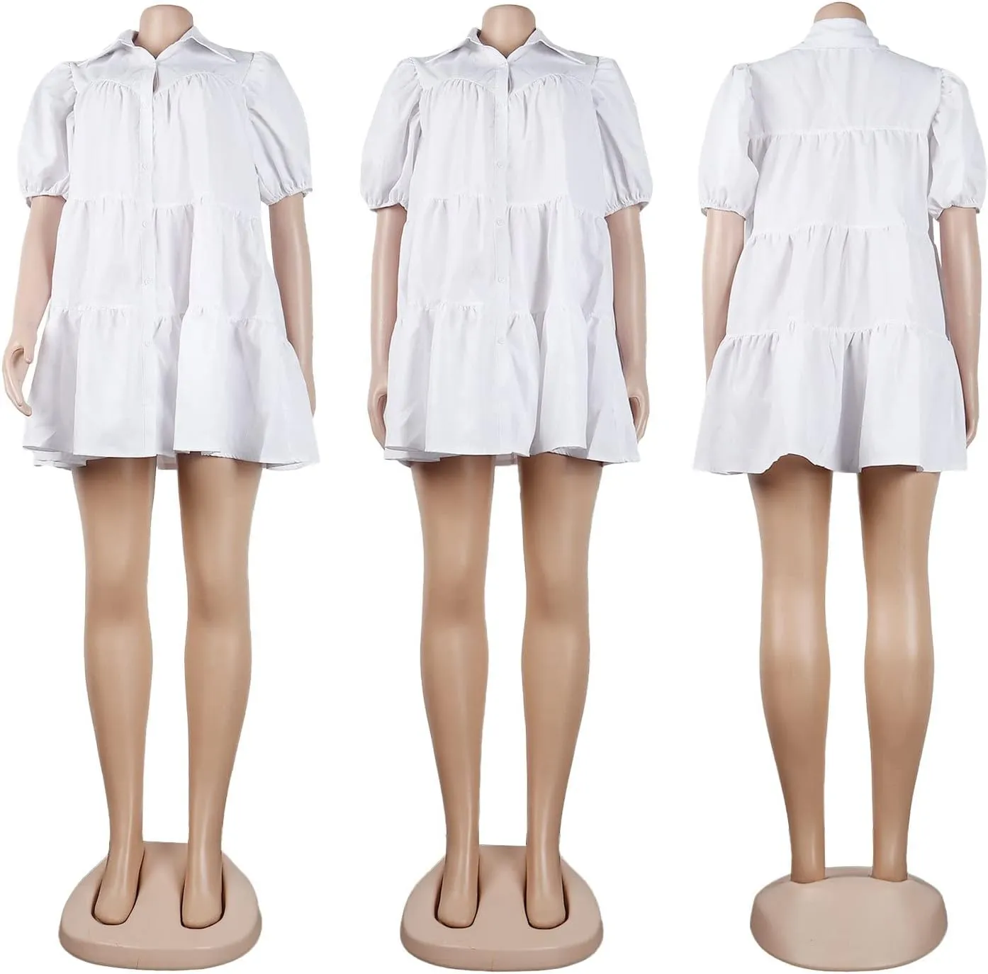 WOKANSE Women's Cute Babydoll Dresses 2024 Casual Loose Puff Sleeves Ruffle Hem Button Down Pleated Shirt Dress