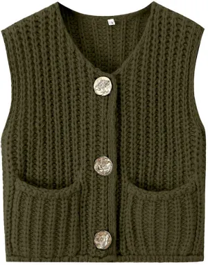 Women Crochet Knit Sweater Vest Button Up Cropped Casual Sleeveless Vest Fashion Vintage Cardigan with Pocket