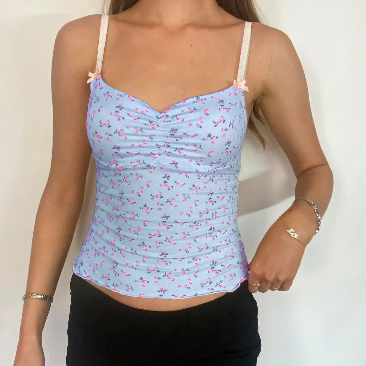 Women Cute Floral Tank Tops Y2k Sleeveless Backless Spaghetti Strap Top Summer V Neck Mini Vest Retro 00s Camisole