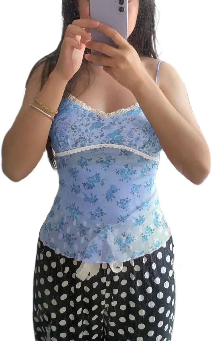 Women Cute Floral Tank Tops Y2k Sleeveless Backless Spaghetti Strap Top Summer V Neck Mini Vest Retro 00s Camisole