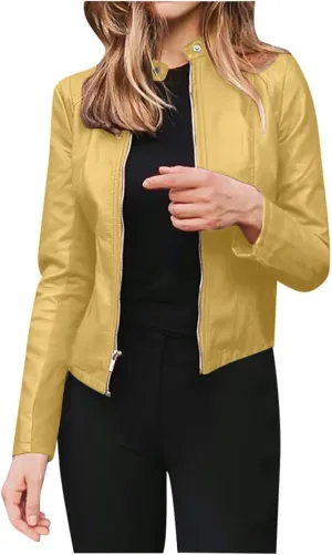 Women Faux Leather Casual Jacket, Fall and Spring Fashion Motorcycle Bike Jacket Coat Zip Up Cardigan Outerwear