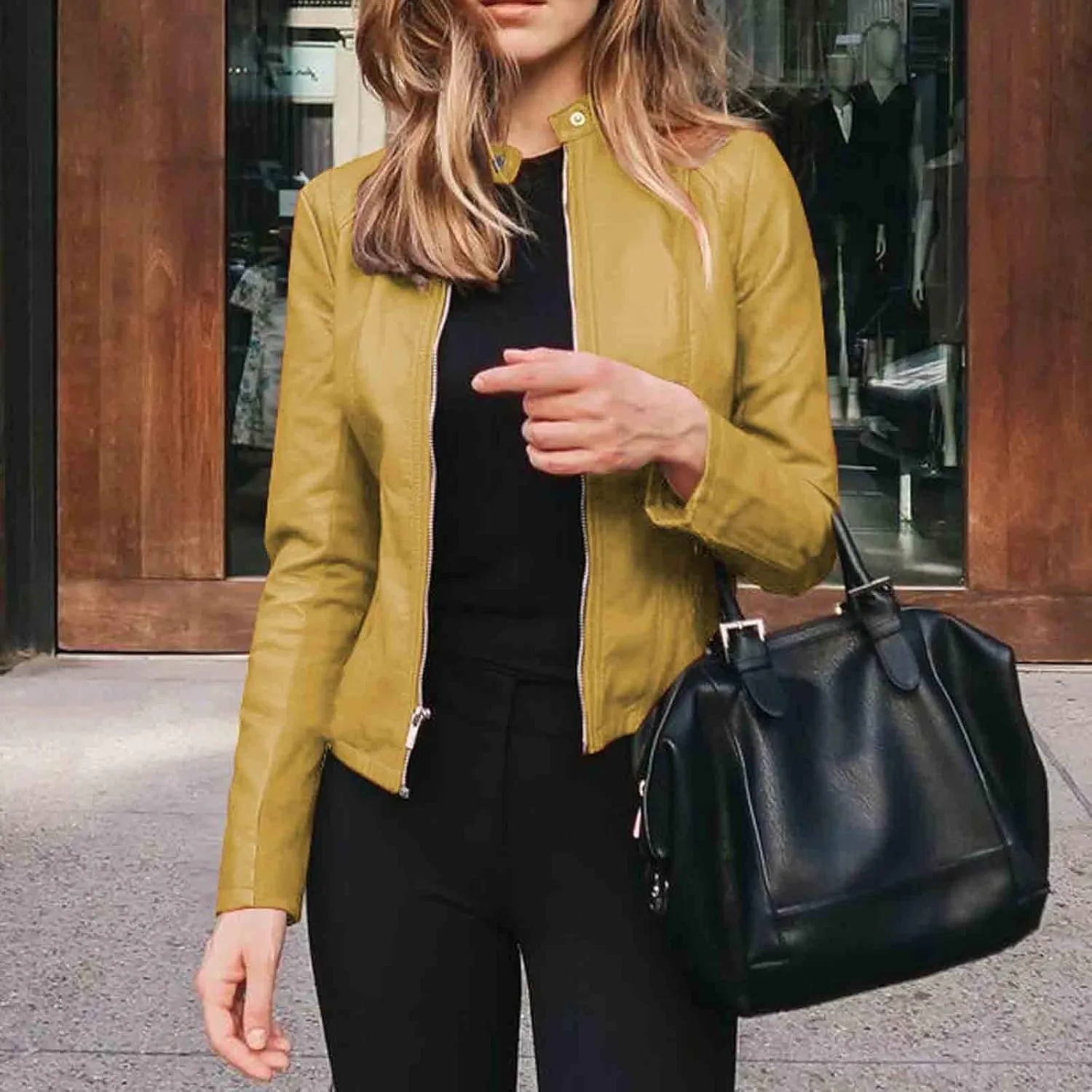 Women Faux Leather Casual Jacket, Fall and Spring Fashion Motorcycle Bike Jacket Coat Zip Up Cardigan Outerwear