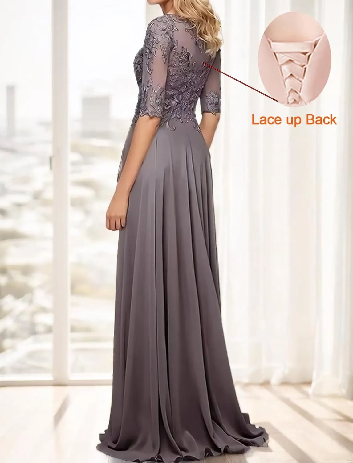 Women Lace Applique Chiffon Mother of The Bride Dresses for Wedding Guest A Line 1/2 Sleeve Formal Evening Dress