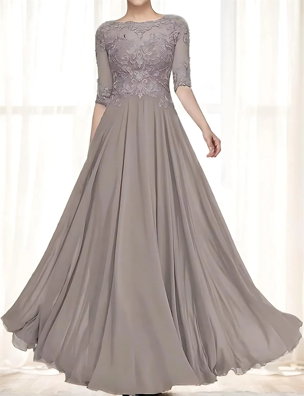 Women Lace Applique Chiffon Mother of The Bride Dresses for Wedding Guest A Line 1/2 Sleeve Formal Evening Dress