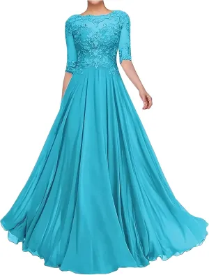 Women Lace Applique Chiffon Mother of The Bride Dresses for Wedding Guest A Line 1/2 Sleeve Formal Evening Dress