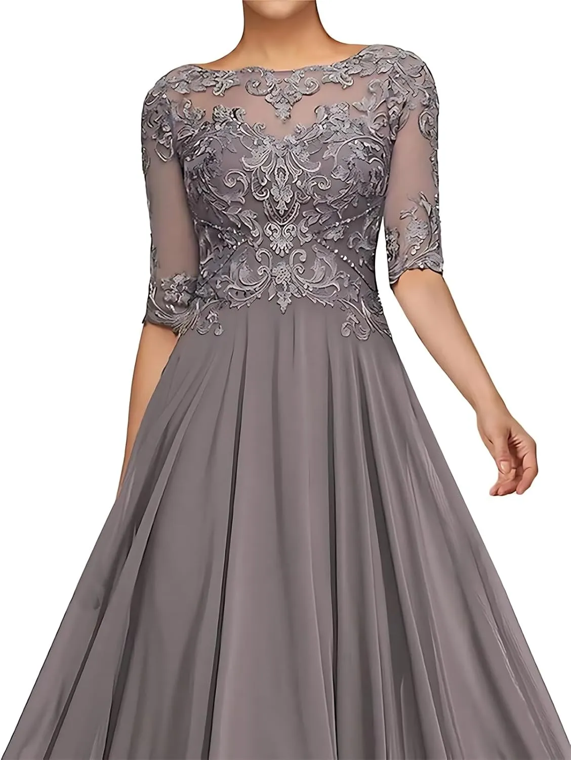 Women Lace Applique Chiffon Mother of The Bride Dresses for Wedding Guest A Line 1/2 Sleeve Formal Evening Dress