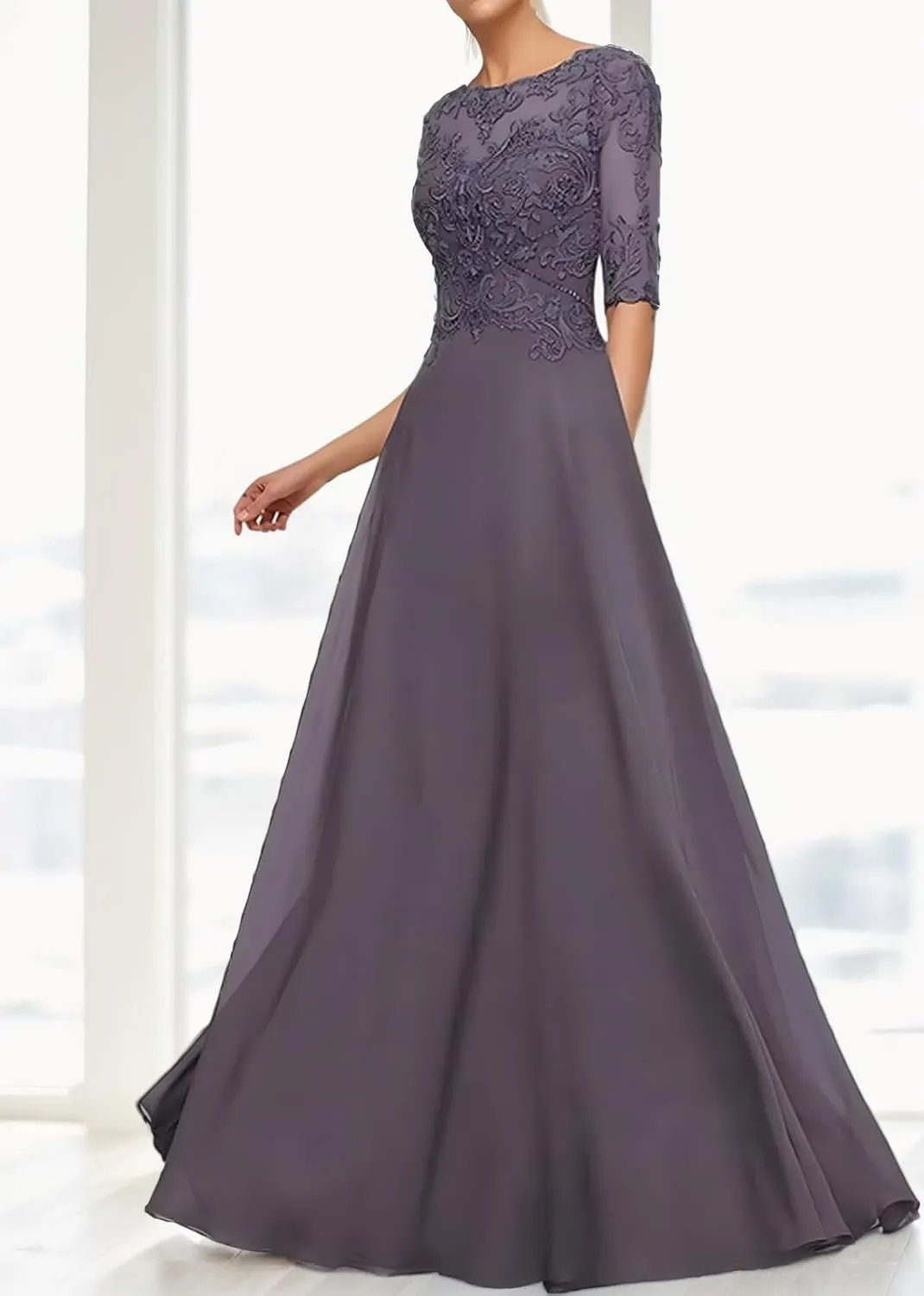 Women Lace Applique Chiffon Mother of The Bride Dresses for Wedding Guest A Line 1/2 Sleeve Formal Evening Dress