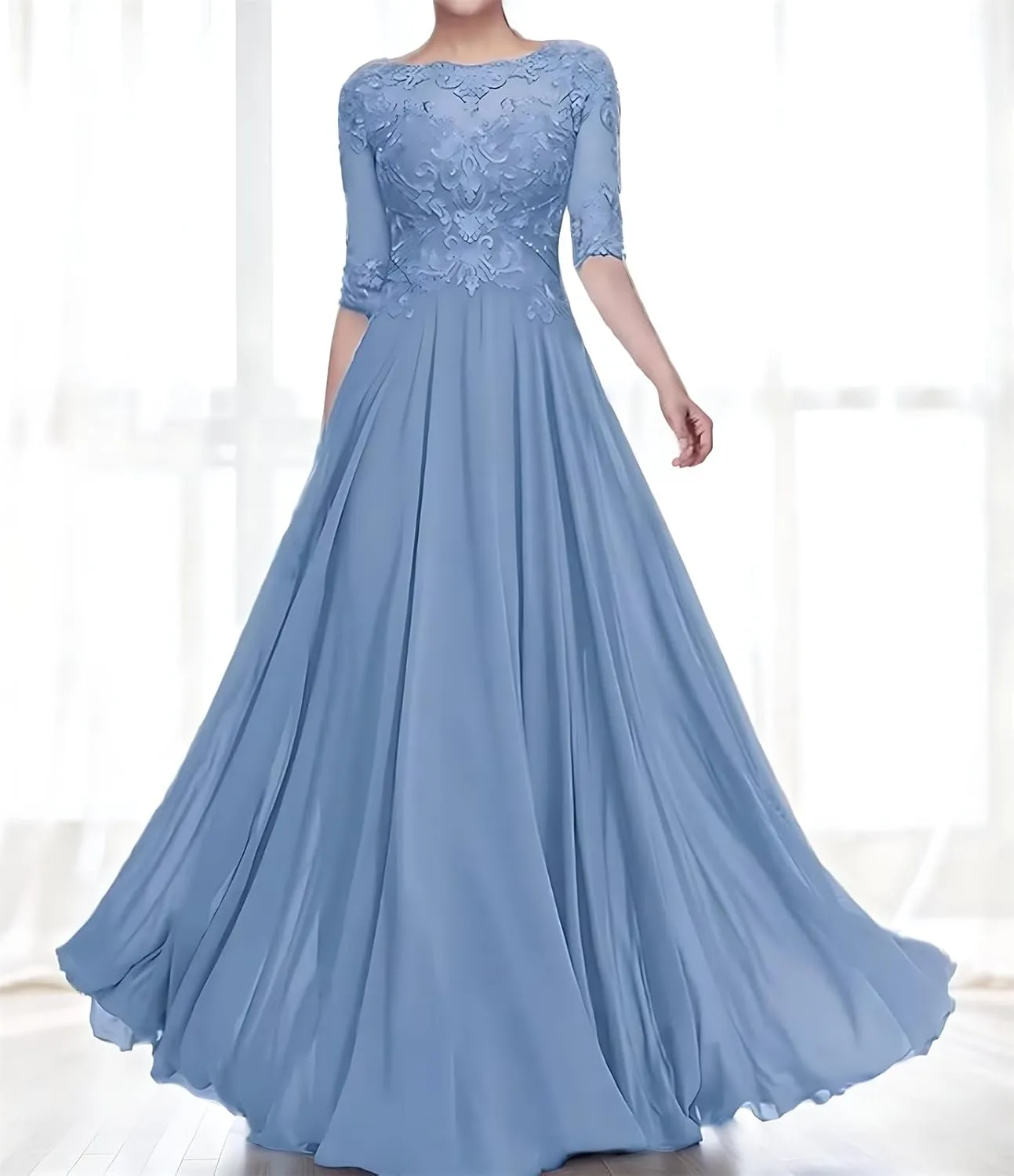 Women Lace Applique Chiffon Mother of The Bride Dresses for Wedding Guest A Line 1/2 Sleeve Formal Evening Dress
