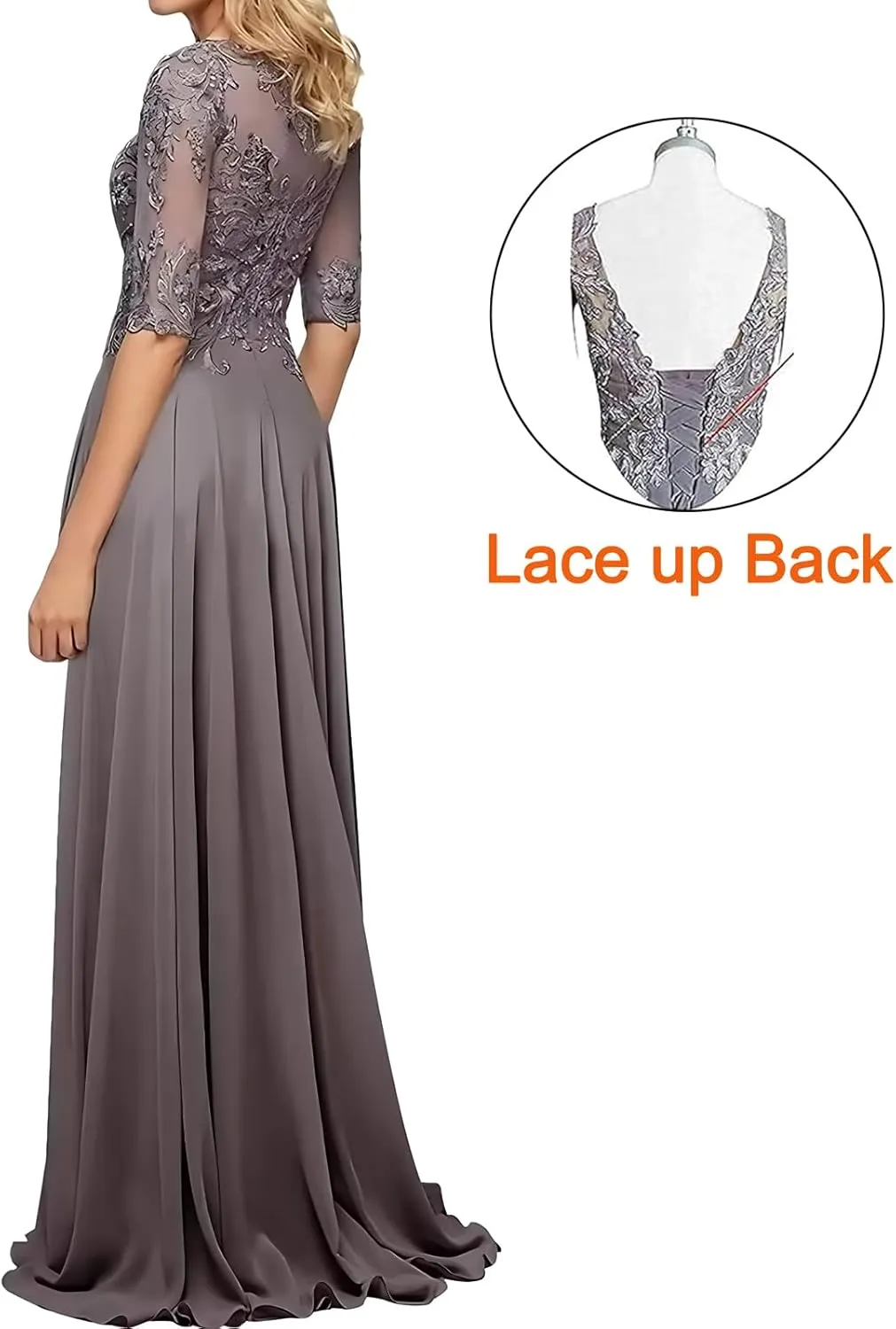 Women Lace Applique Chiffon Mother of The Bride Dresses for Wedding Guest A Line 1/2 Sleeve Formal Evening Dress