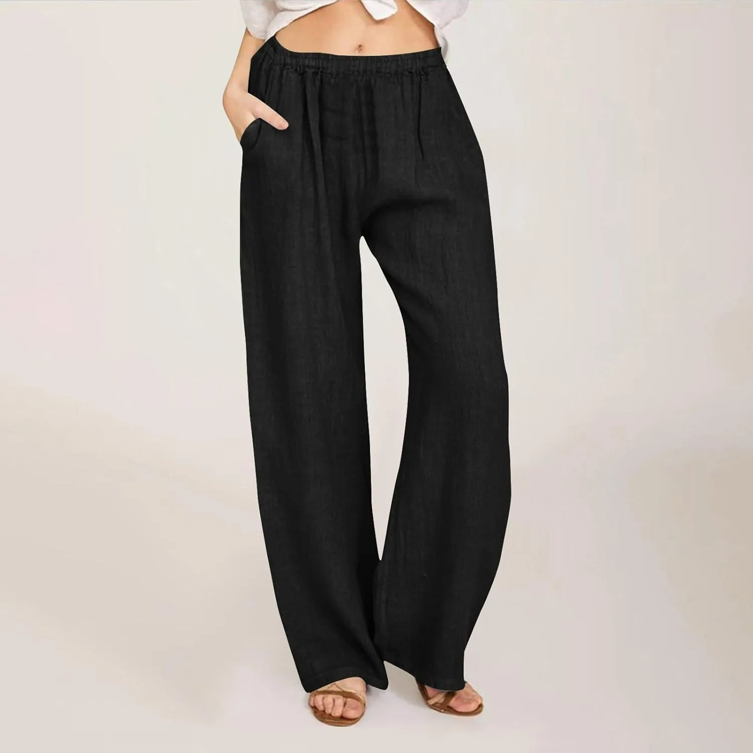 Women Linen Baggy Harem Pants Summer Casual Lounge Pants Travel Outfits Vacation Clothes Long Trouser with Pockets