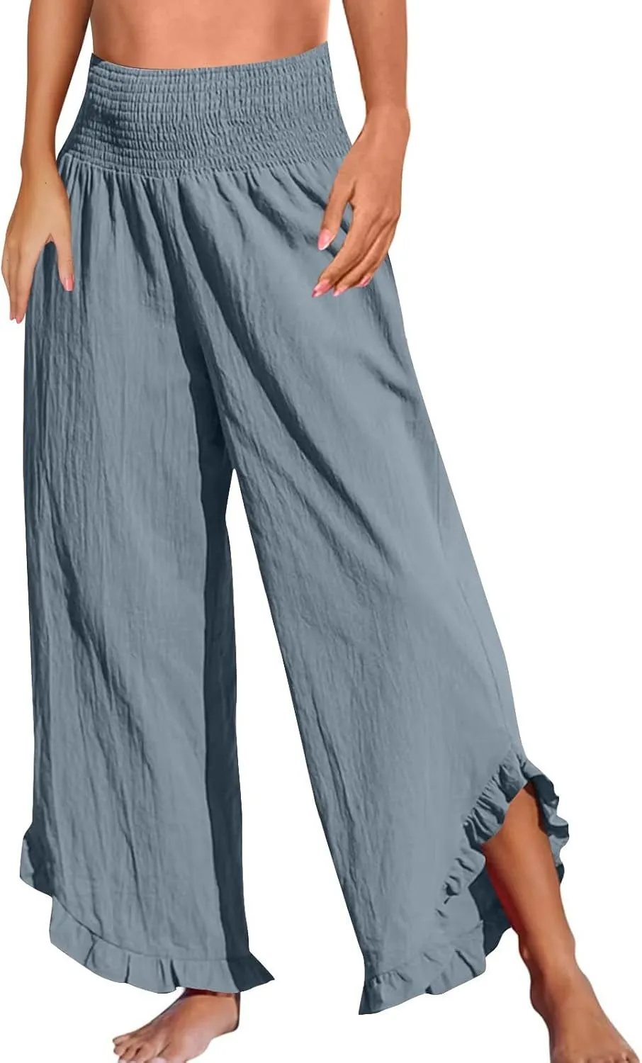 Women Linen Pants Loose Fit Flowy Boho Ruffles Wide Leg Summer Pants Breathable Travel Quick Dry Pant with Pockets