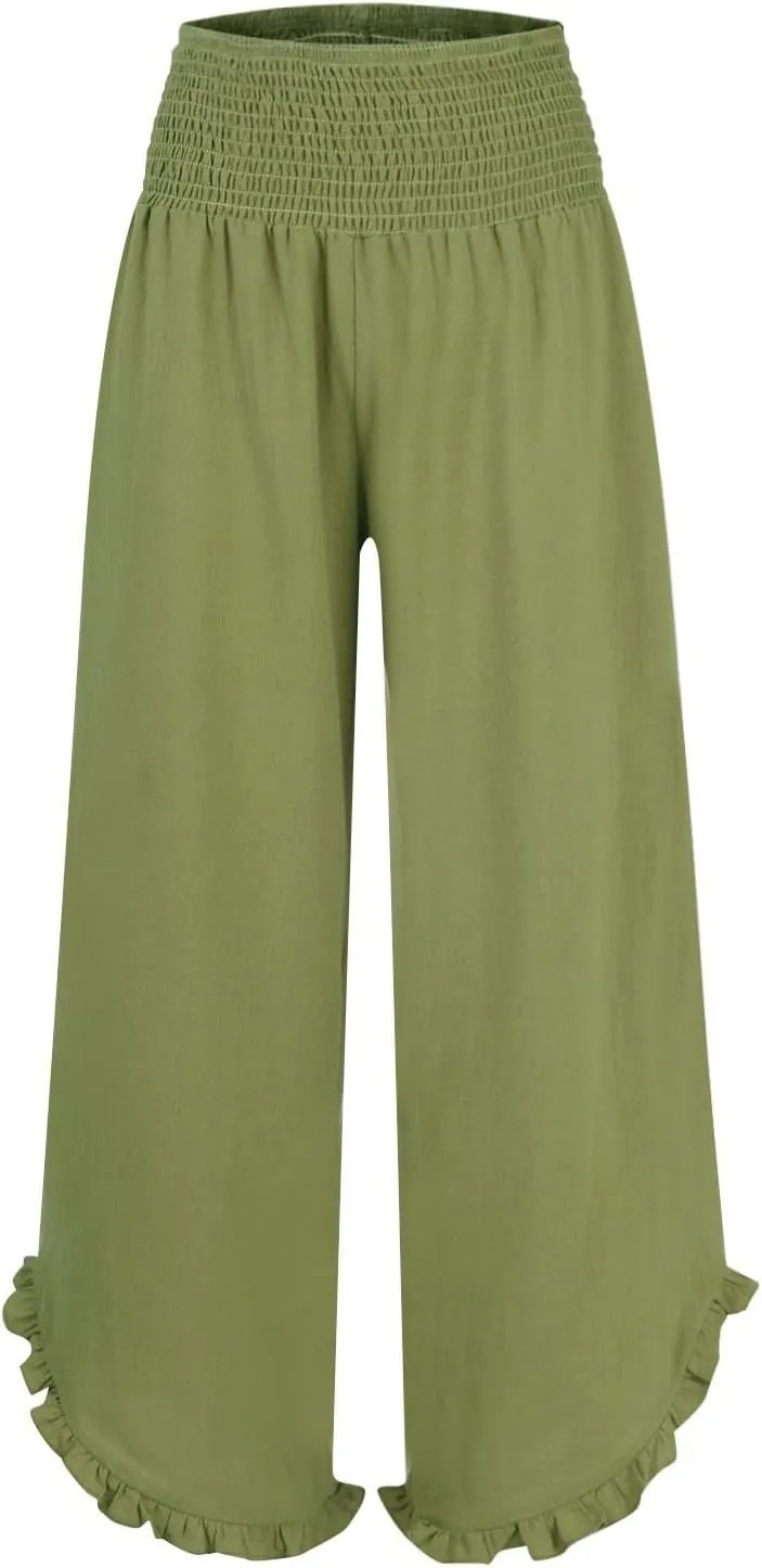 Women Linen Pants Loose Fit Flowy Boho Ruffles Wide Leg Summer Pants Breathable Travel Quick Dry Pant with Pockets
