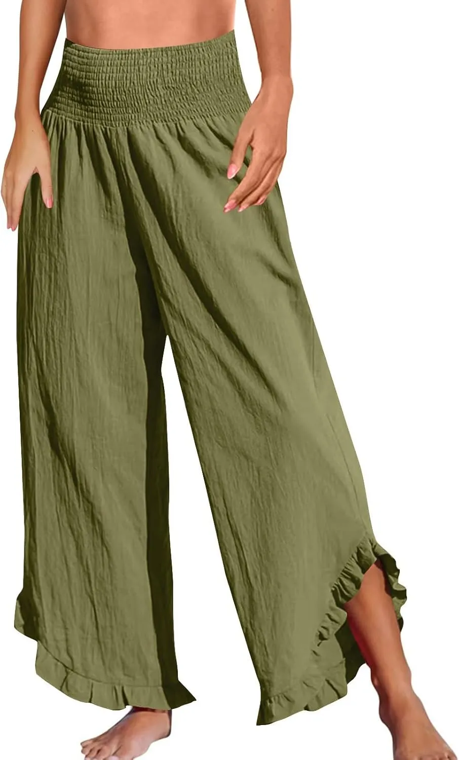 Women Linen Pants Loose Fit Flowy Boho Ruffles Wide Leg Summer Pants Breathable Travel Quick Dry Pant with Pockets