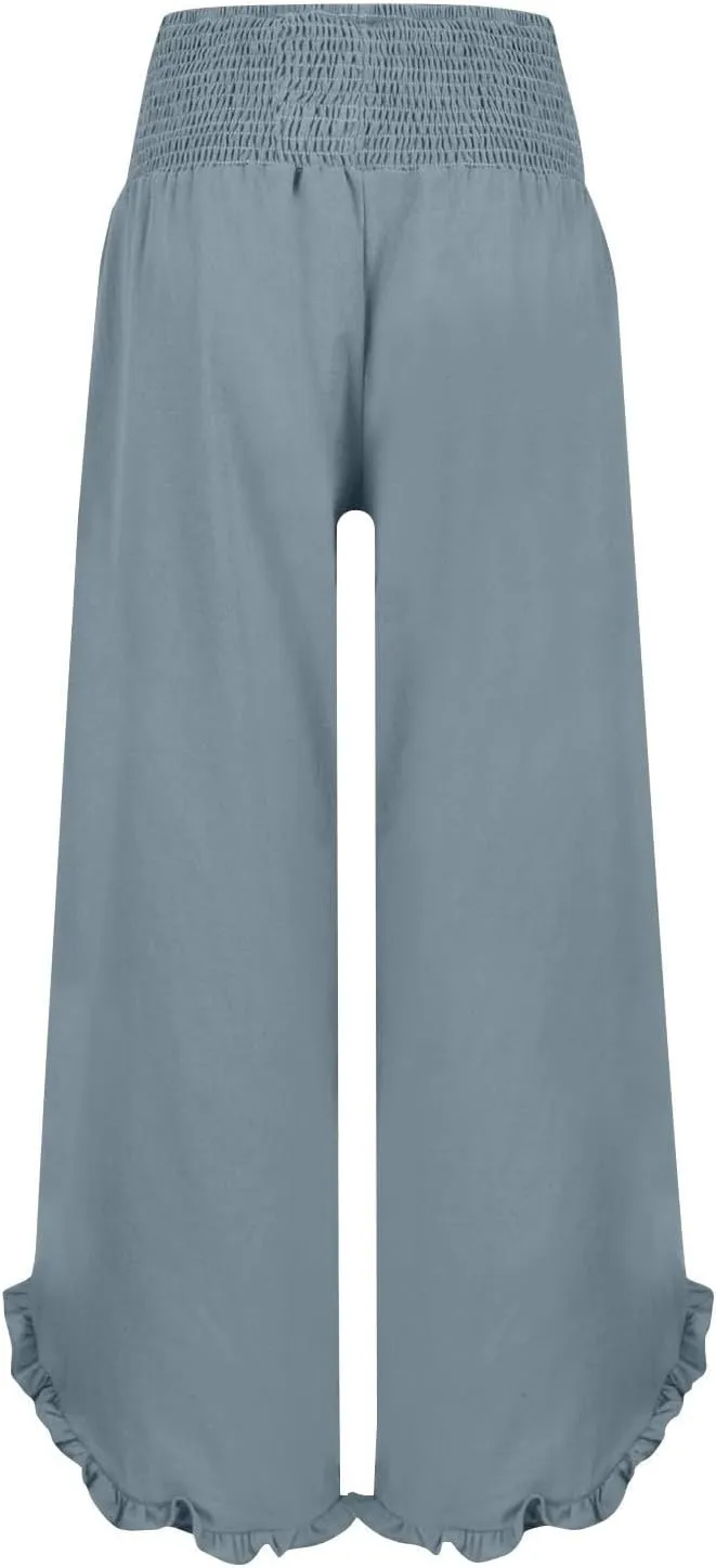 Women Linen Pants Loose Fit Flowy Boho Ruffles Wide Leg Summer Pants Breathable Travel Quick Dry Pant with Pockets