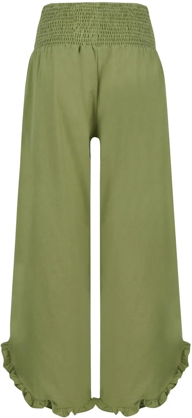 Women Linen Pants Loose Fit Flowy Boho Ruffles Wide Leg Summer Pants Breathable Travel Quick Dry Pant with Pockets