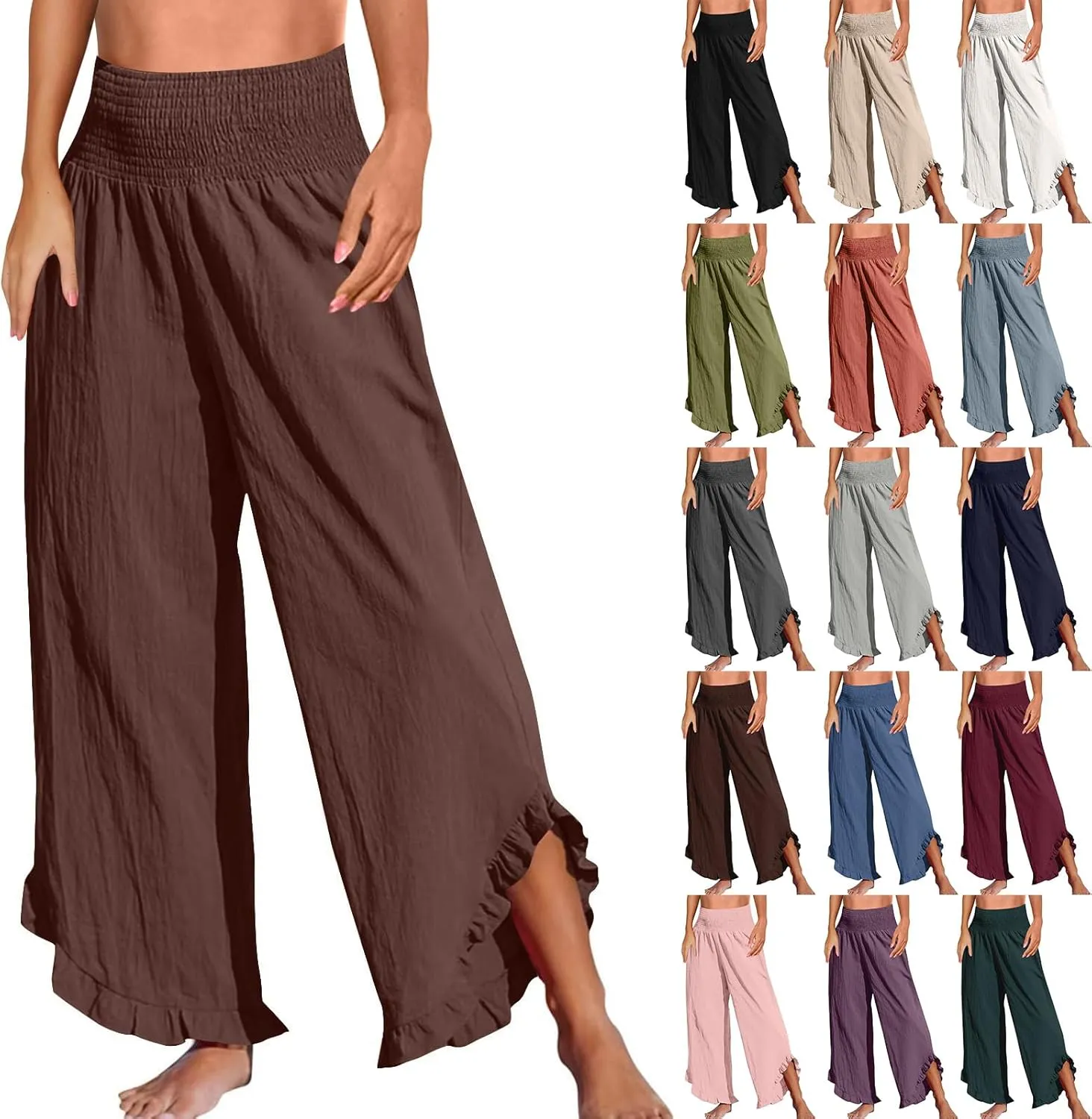 Women Linen Pants Loose Fit Flowy Boho Ruffles Wide Leg Summer Pants Breathable Travel Quick Dry Pant with Pockets