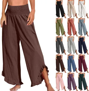 Women Linen Pants Loose Fit Flowy Boho Ruffles Wide Leg Summer Pants Breathable Travel Quick Dry Pant with Pockets