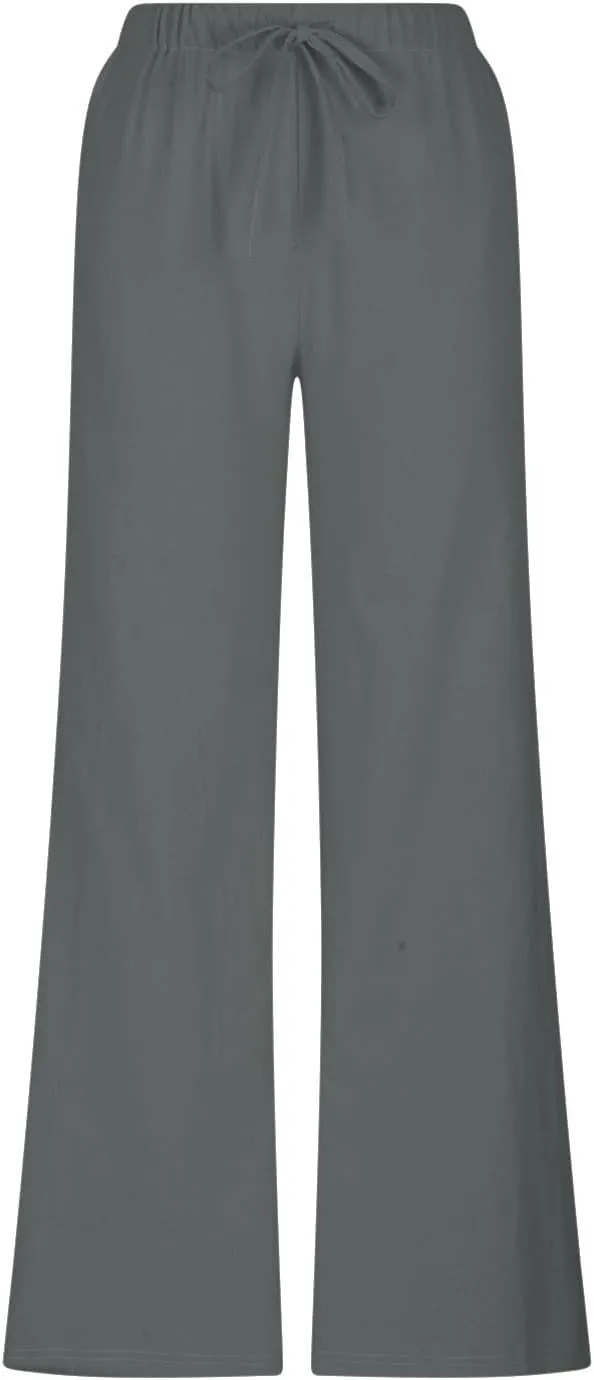 Women Linen Wide Leg Pants Summer High Waisted Drawstring Palazzo Pants Beach Baggy Casual Lounge Trousers