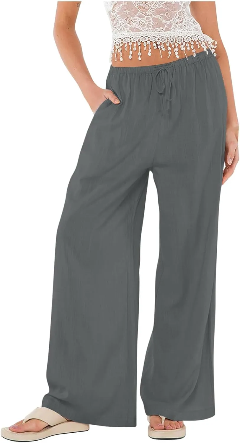 Women Linen Wide Leg Pants Summer High Waisted Drawstring Palazzo Pants Beach Baggy Casual Lounge Trousers